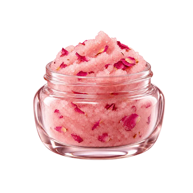 3D-style illustration of rose sugar body scrub in glass jar
