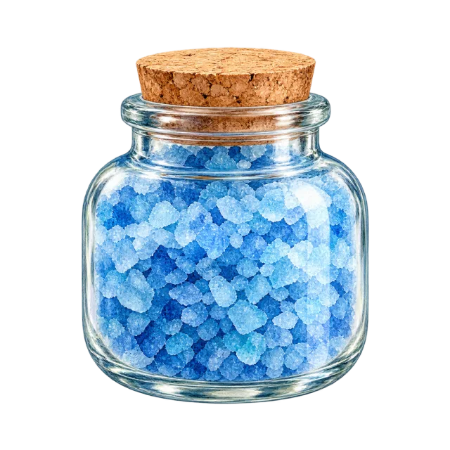 Watercolor-style illustration of blue bath salt in corked glass jar