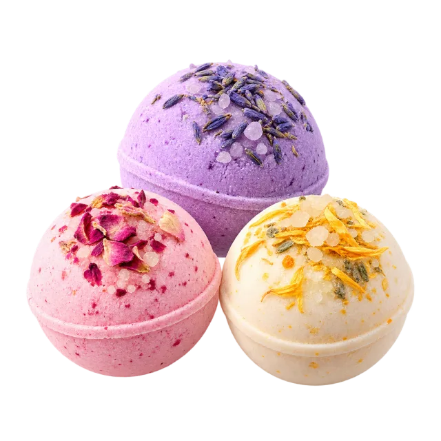 3D-style illustration of three pastel round bath bombs