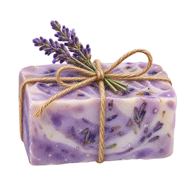 Watercolor-style illustration of lavender decorated soap tied with twine