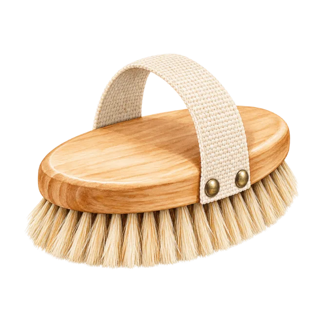Watercolor-style illustration of wooden dry body brush with hand strap
