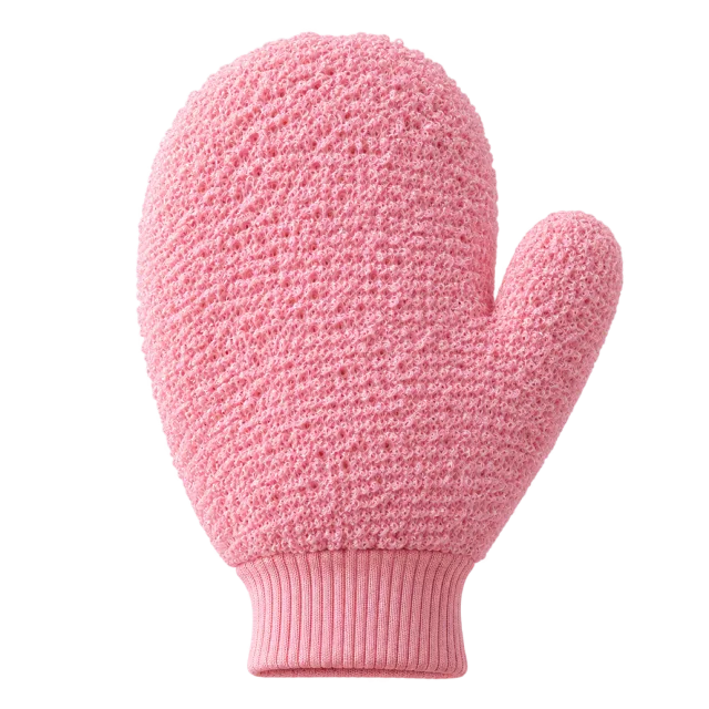 3D-style illustration of pink exfoliating bath mitt