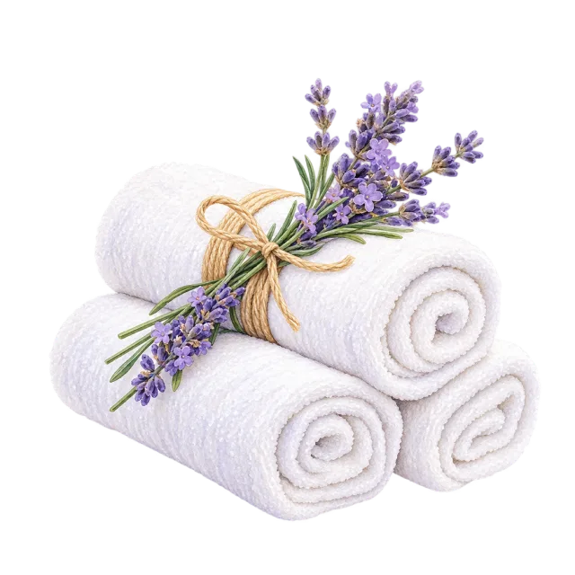 Watercolor-style illustration of rolled white spa towels with lavender sprigs
