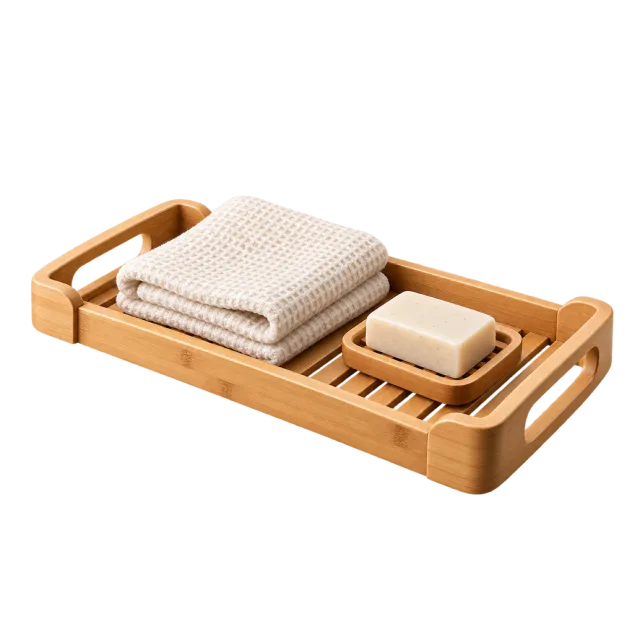 3D-style illustration of bamboo bath tray with small soap and folded cloth