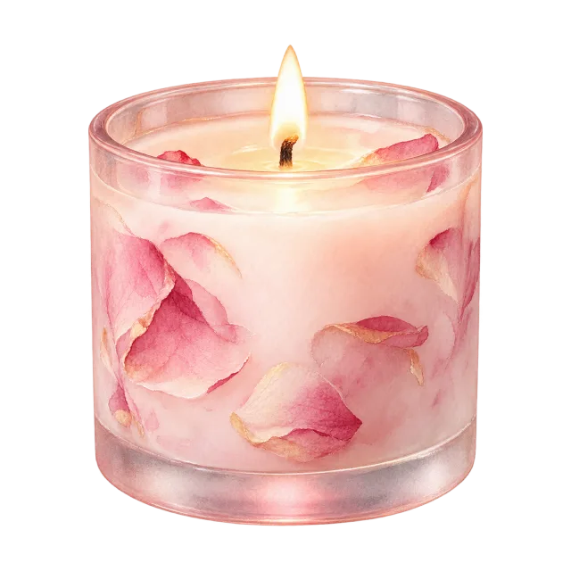 Watercolor-style illustration of pink candle in frosted jar