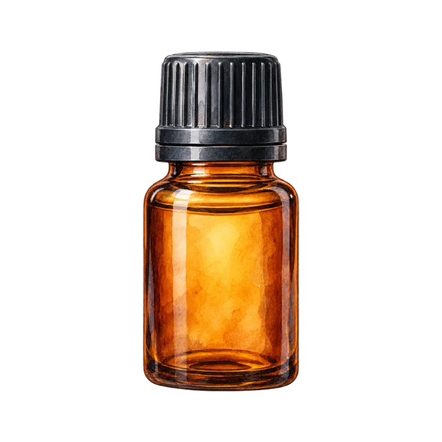 Watercolor-style illustration of small amber essential oil bottle with cap