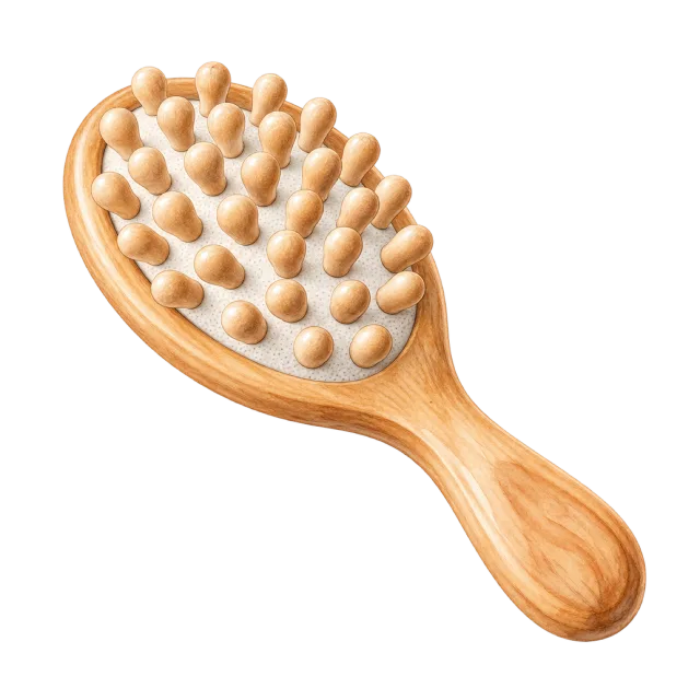 Watercolor-style illustration of wooden handled massage brush with round knobs