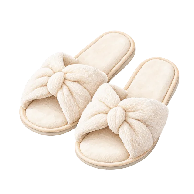 Watercolor-style illustration of cream spa slippers pair
