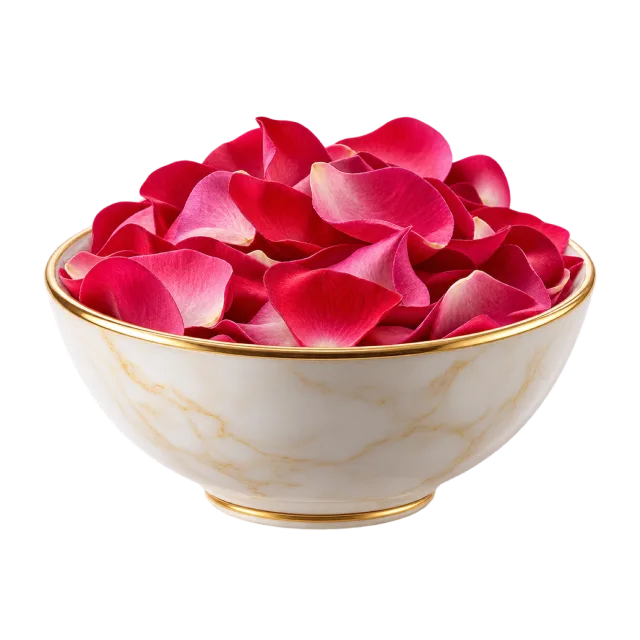 3D-style illustration of small ceramic bowl of rose petals