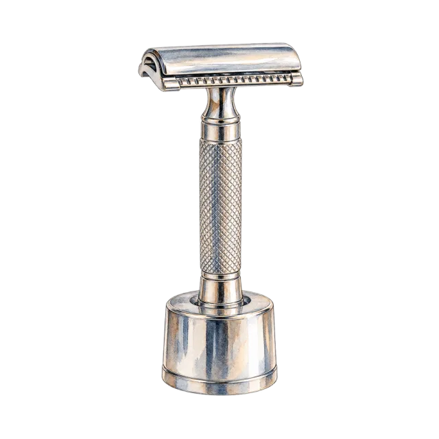 Watercolor-style illustration of silver safety razor with stand