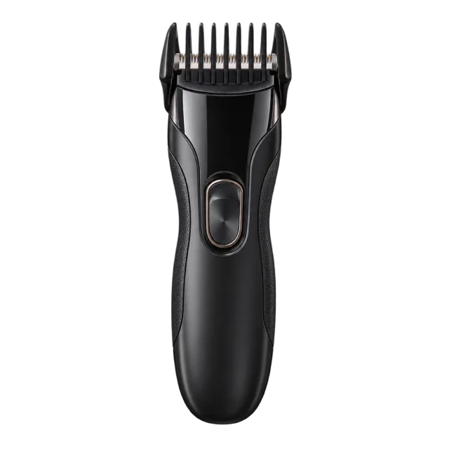 3D-style illustration of black electric trimmer with comb guard