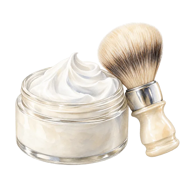 Watercolor-style illustration of white shaving cream in open jar and brush