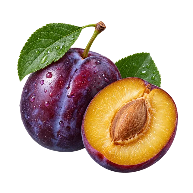 A dark purple plum with leaves beside a golden-fleshed half showing its stone