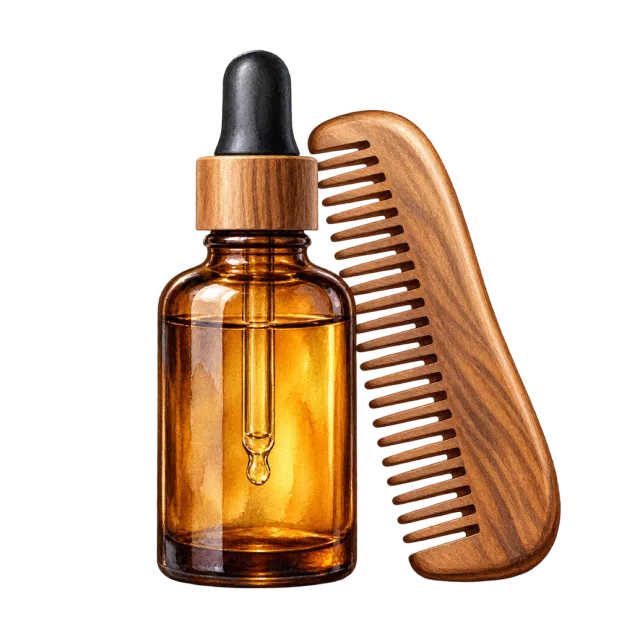 Watercolor-style illustration of beard oil bottle with wooden comb