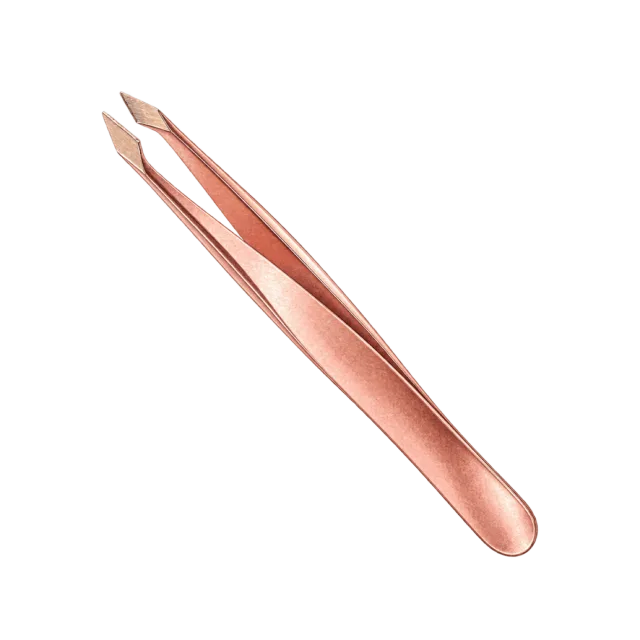 Watercolor-style illustration of rose gold slant tip tweezers