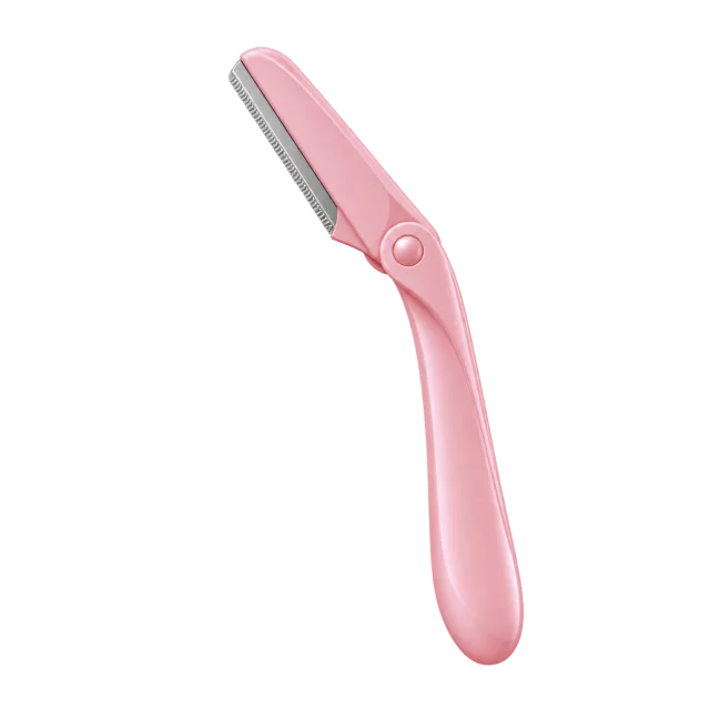 3D-style illustration of folding eyebrow razor with pink handle