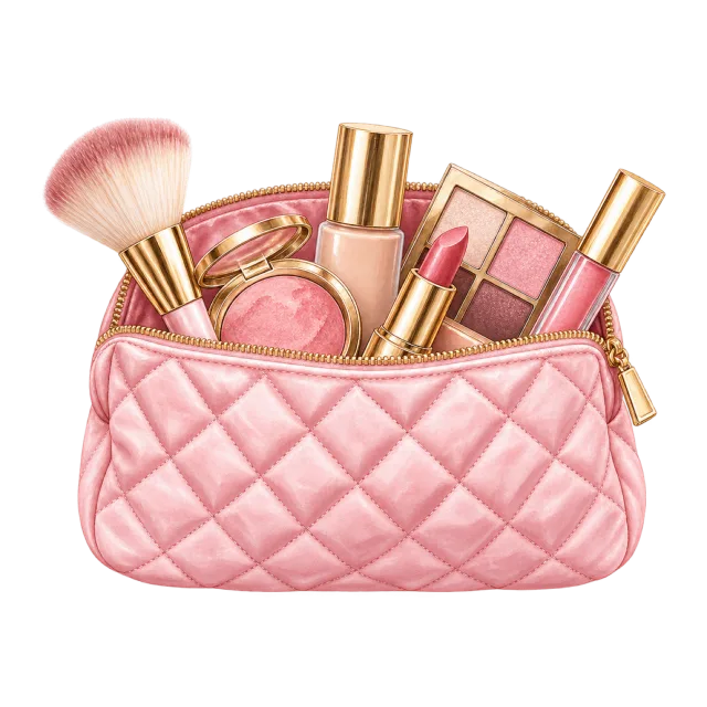 Watercolor-style illustration of pink quilted cosmetic pouch open with makeup