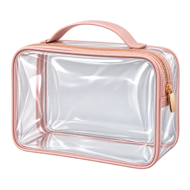 3D-style illustration of clear zippered travel cosmetic bag