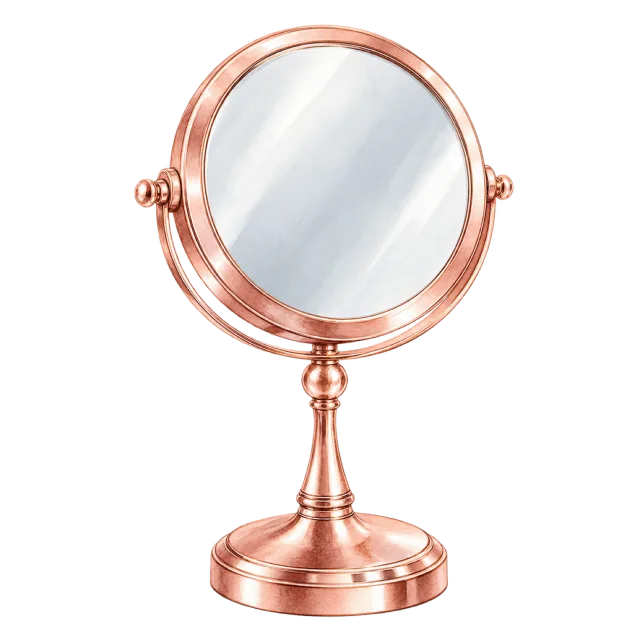 Watercolor-style illustration of rose gold tabletop vanity mirror