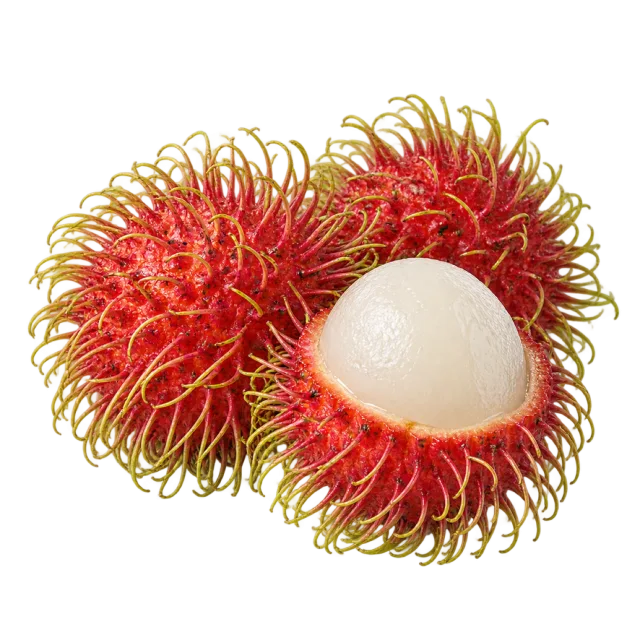 Red rambutans with long curved hairs and one open fruit revealing white flesh