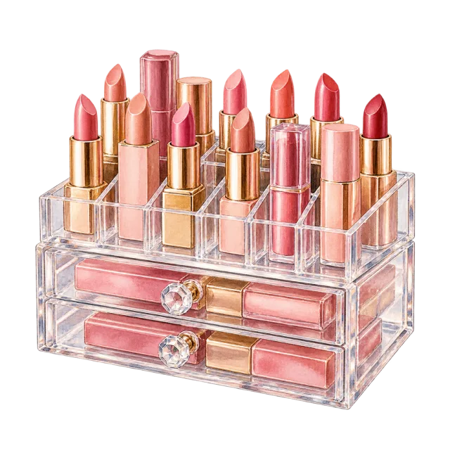 Watercolor-style illustration of acrylic makeup organizer with lipstick compartments