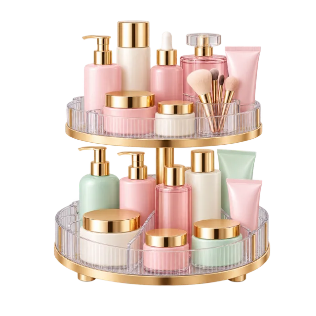 3D-style illustration of rotating skincare organizer with pastel bottles