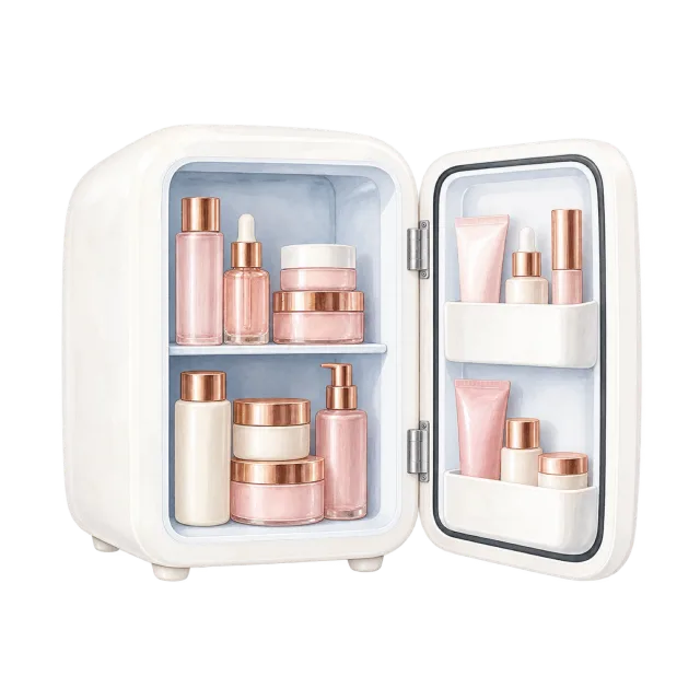 Watercolor-style illustration of white beauty mini fridge with door open