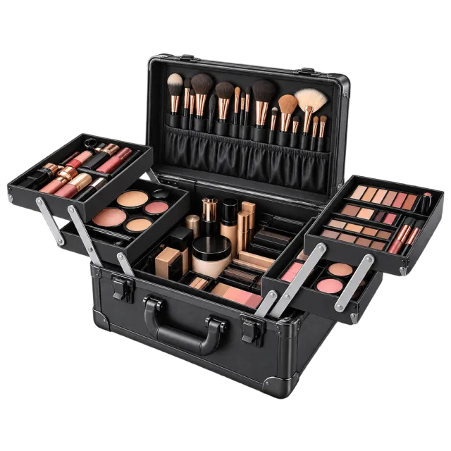 3D-style illustration of open black train case filled with makeup