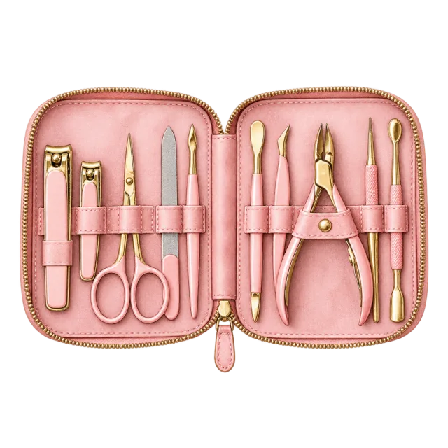Watercolor-style illustration of pink manicure kit in zippered case