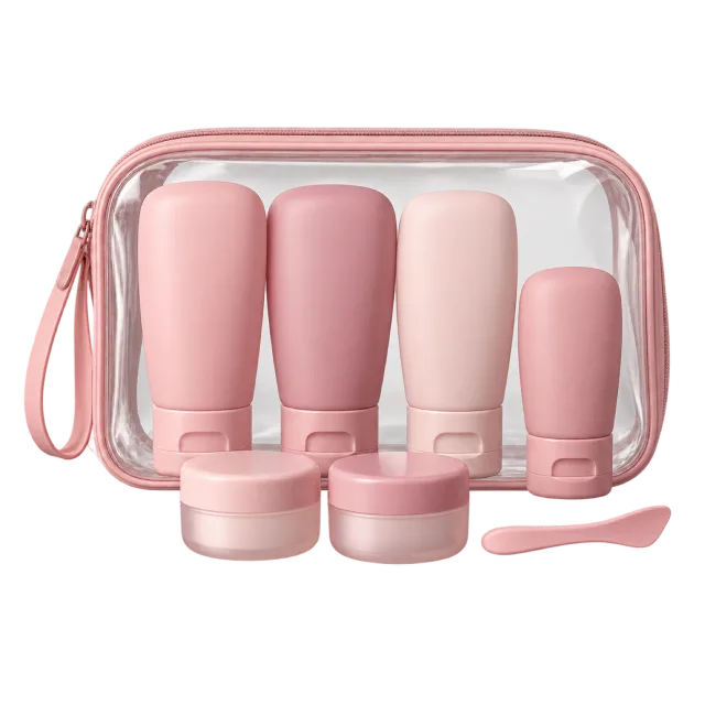 3D-style illustration of silicone travel toiletry bottles set in pouch