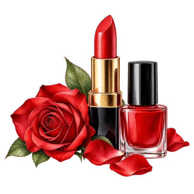 Watercolor-style illustration of red lipstick with matching nail polish and rose