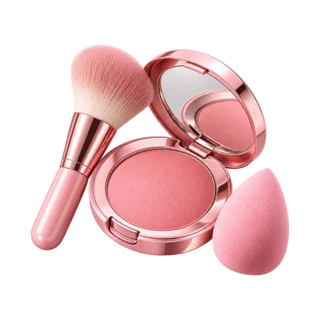 3D-style illustration of pink blush compact with brush and makeup sponge