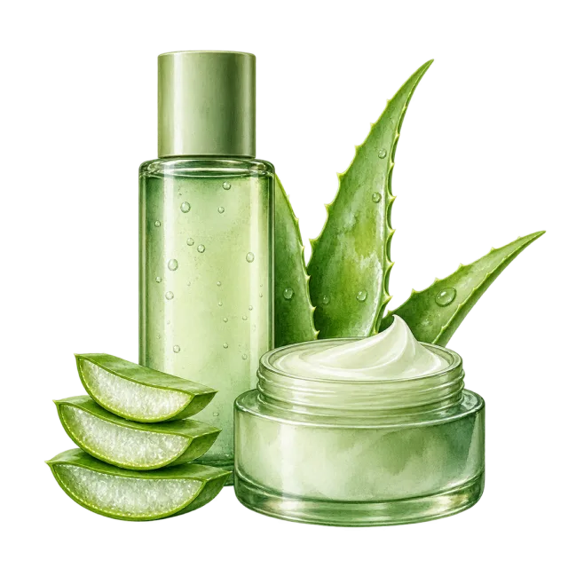 Watercolor-style illustration of green skincare bottle and cream jar with aloe leaf