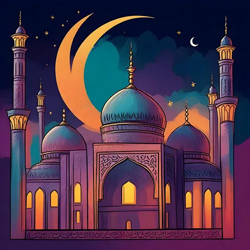 Purple and gold mosque illustration beneath a large golden crescent moon