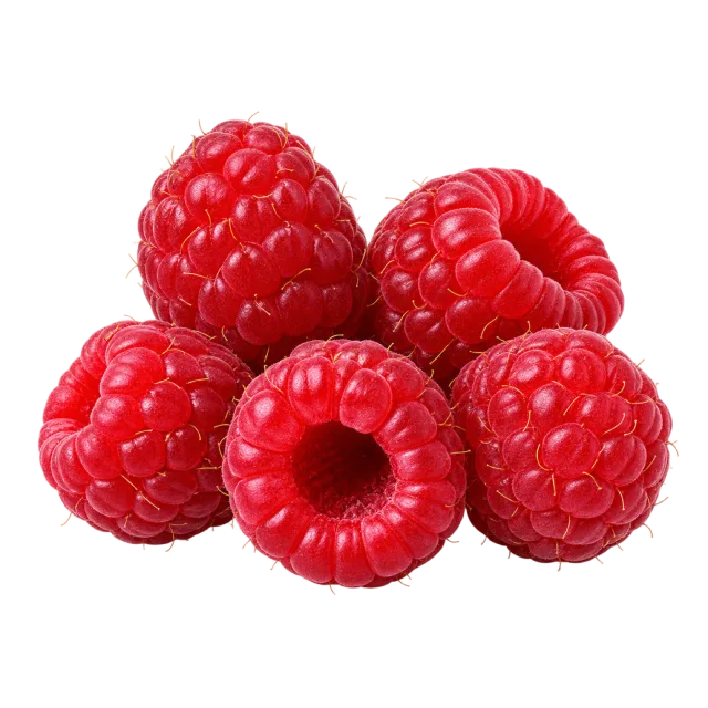 A small group of red raspberries with detailed seed segments and hollow centers
