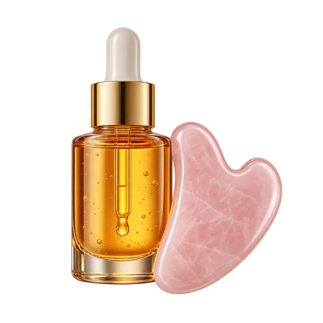 3D-style illustration of amber facial oil with smooth gua sha stone