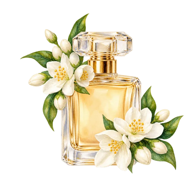 Watercolor-style illustration of perfume bottle with white jasmine blossoms
