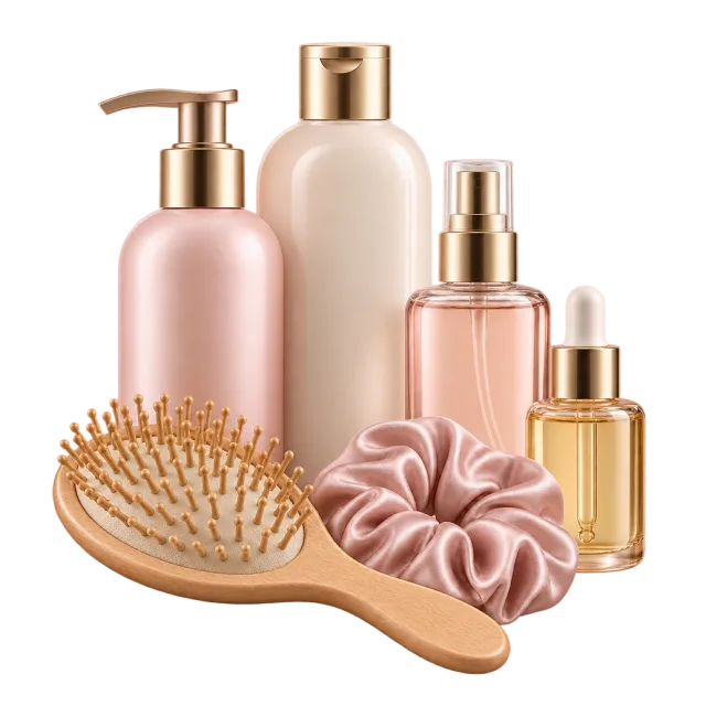 3D-style illustration of hair care bottles with wooden brush and silk scrunchie