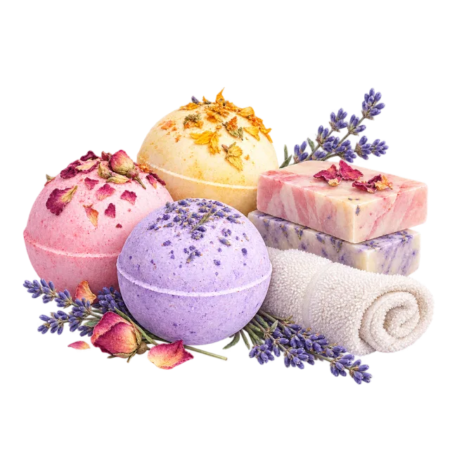 Watercolor-style illustration of pastel bath bombs with soap and small towel
