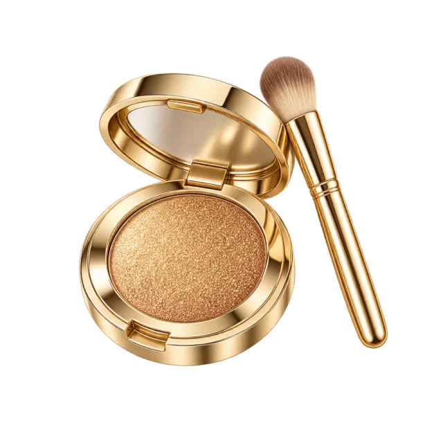 3D-style illustration of gold eyeshadow compact with gold makeup brush