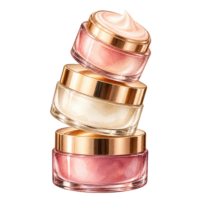 Watercolor-style illustration of three cosmetic jars stacked diagonally