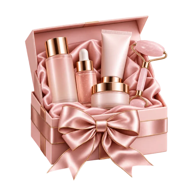 3D-style illustration of pink beauty gift box with bottles jars and brushes