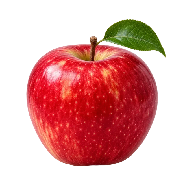 A red apple with pale skin markings, a short brown stem and green leaf