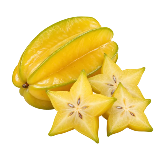 A yellow ridged star fruit beside several five-pointed cross-section slices