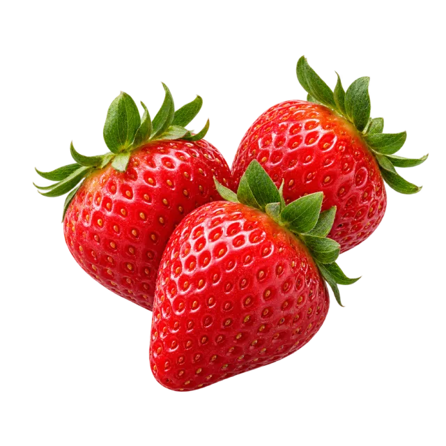 Three ripe red strawberries covered in tiny seeds with green leafy tops