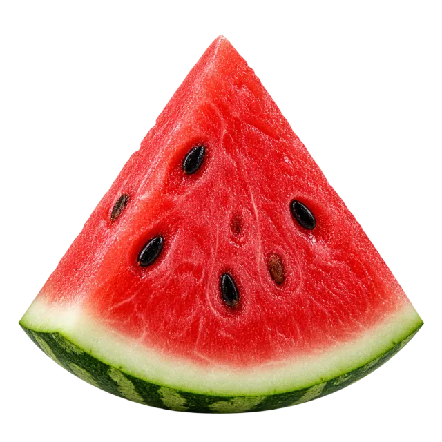 A triangular slice of red watermelon with black seeds and a striped green rind