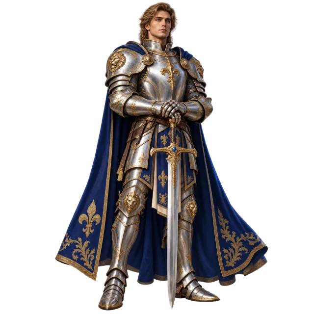 A knight in silver and gold armor holding a sword and wearing a blue embroidered cape