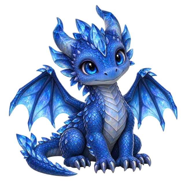 A seated blue baby dragon with large eyes, small spread wings and crystal-like horns