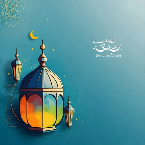 Multicolored hanging lantern beside mosque silhouettes on a teal background