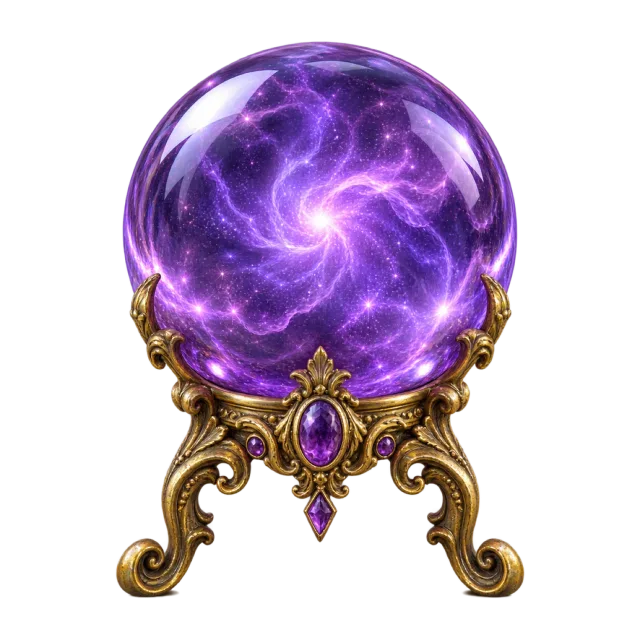 A glowing purple orb with swirling light supported by an ornate gold stand